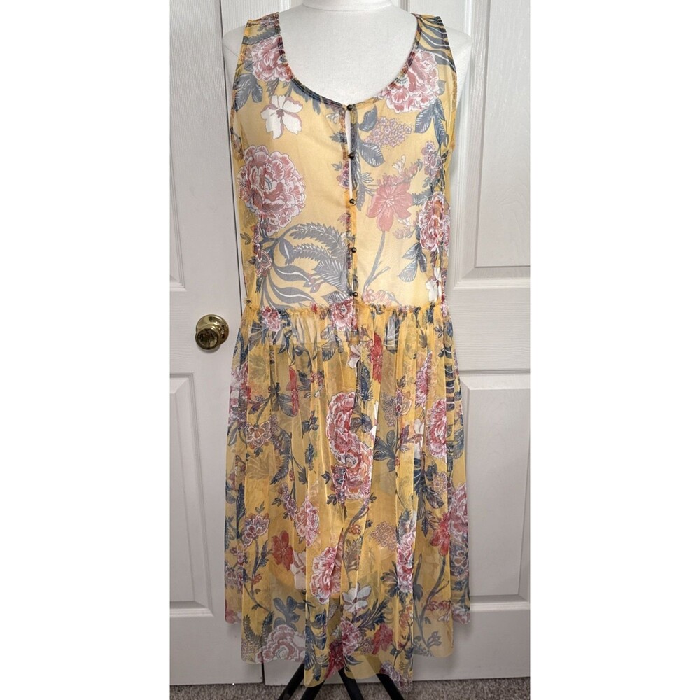 EST 1946 Mesh Sheer Drop Waist Duster Coverup Button Up Floral Sleeveless Sz L